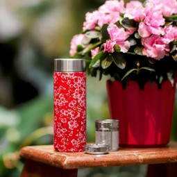 INSULATED STAINLESS STEEL TEAMUG, RED FLOWERS, 400ML QWETCH
