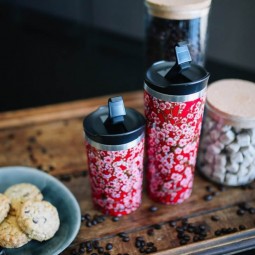 INSULATED STAINLESS STEEL TRAVEL MUG, RED FLOWERS, 300ML QWETCH